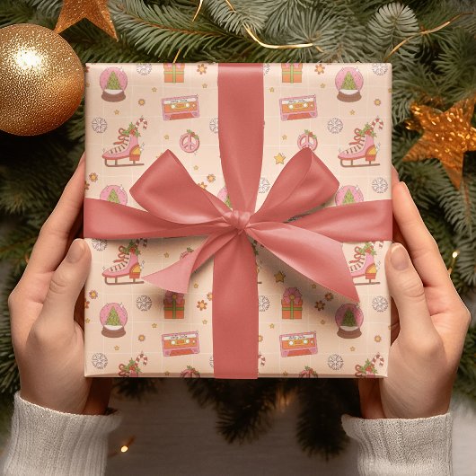 Retro Groovy Christmas Holiday Rollerskates Geschenkpapier