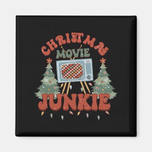 Retro Groovy Christmas Movie Junkie Merry Xmas Tre Magnet (Vorne)