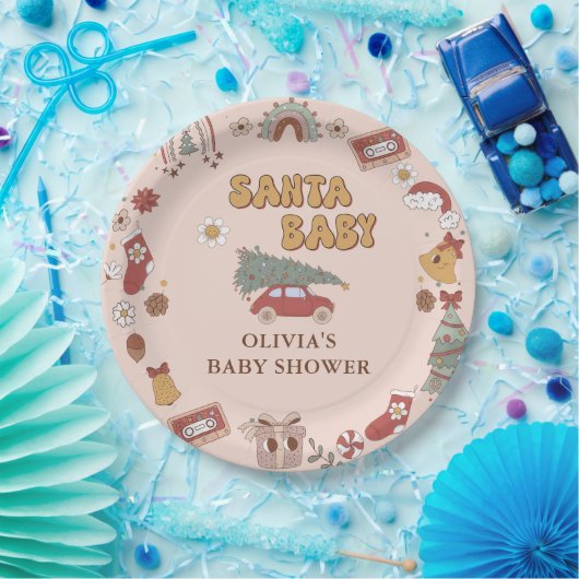 Retro Groovy Christmas Tree Santa Baby Dusche Pappteller (Party)