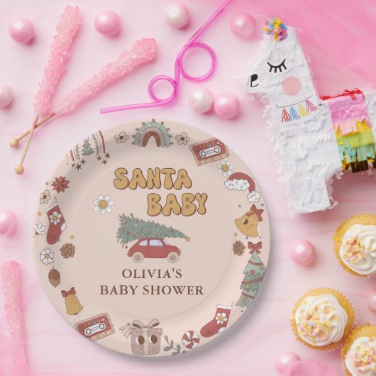 Retro Groovy Christmas Tree Santa Baby Dusche Pappteller (Party)
