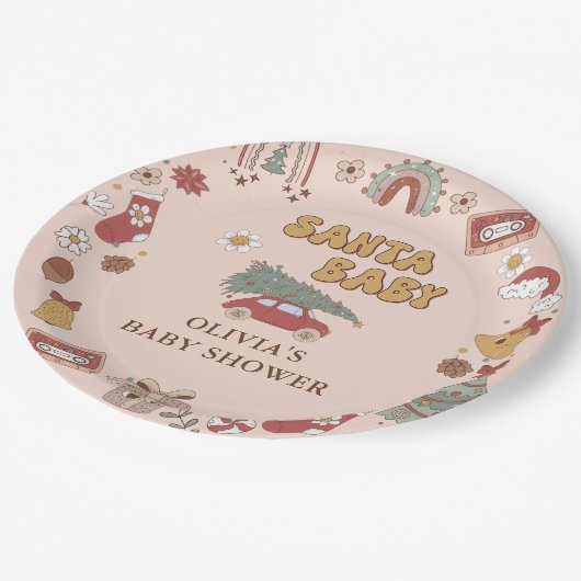 Retro Groovy Christmas Tree Santa Baby Dusche Pappteller (Schrägansicht)