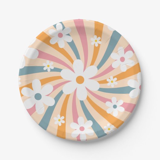 Retro Groovy Colorful Sunshine Daisy Floral Hippie Pappteller (Vorderseite)