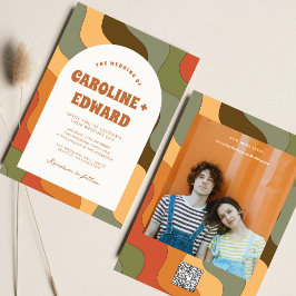 Retro Groovy Colorful Wavy Boho Wedding Qr Code Einladung