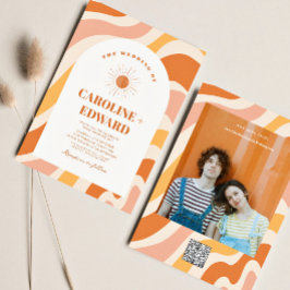 Retro Groovy Colorful Wavy Boho Wedding Qr Code Einladung
