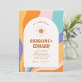 Retro Groovy Colorful Wavy Boho Wedding Qr Code Einladung (Stehend Vorderseite)