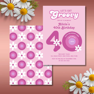 Retro Groovy Daisies Bold Pink 40. Geburtstag Einladung