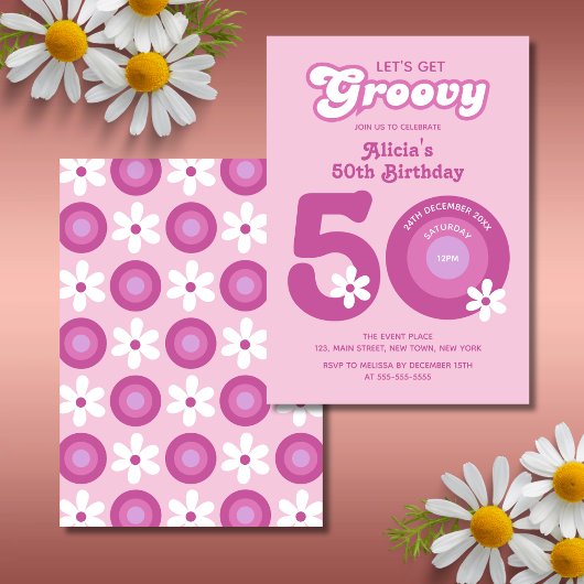 Retro Groovy Daisies Bold Pink 50. Geburtstag Einladung