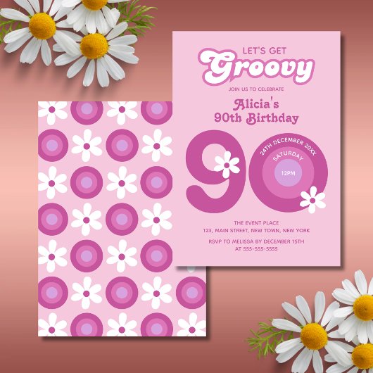Retro Groovy Daisies Bold Pink 90. Geburtstag Einladung