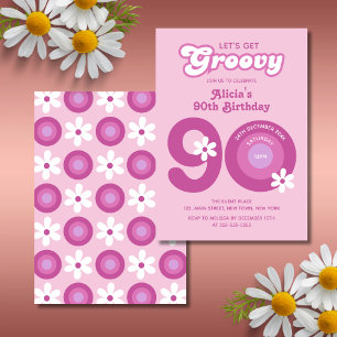 Retro Groovy Daisies Bold Pink 90. Geburtstag Einladung