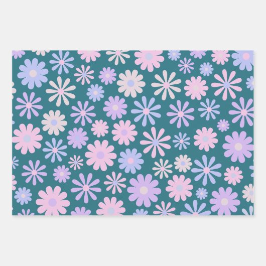Retro Groovy Daisies Soft Pink Blue Lila Geschenkpapier Set (Vorderseite 3)