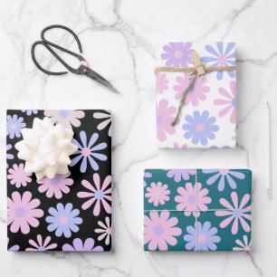Retro Groovy Daisies Soft Pink Blue Lila Geschenkpapier Set