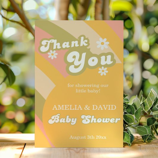 Retro Groovy Daisy Baby Boy Shower Dankeskarte