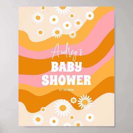 Retro Groovy Daisy Baby Dusche Willkommen Poster (Vorne)