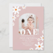 Retro Groovy Daisy Boho photo Girl 1st Birthday Einladung (Vorderseite)