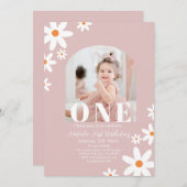 Retro Groovy Daisy Boho photo Girl 1st Birthday Einladung (Vorne/Hinten)