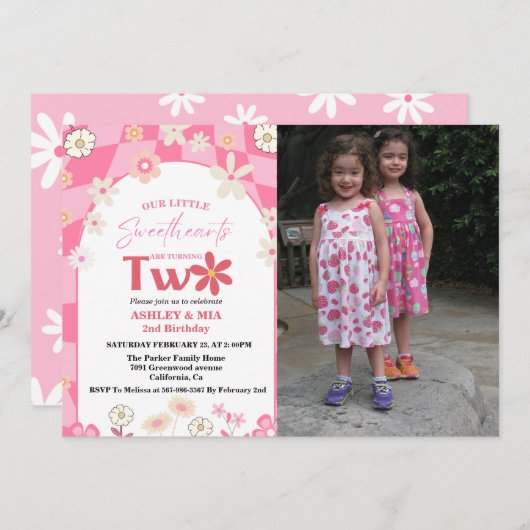 Retro Groovy Daisy Boho Twin 2. Einladung (Vorne/Hinten)