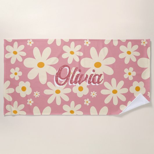 Retro Groovy daisy boho Wüste rosa personalisiert Strandtuch (Vorderseite)