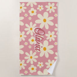 Retro Groovy daisy boho Wüste rosa personalisiert Strandtuch