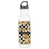 Retro Groovy Daisy Checkerboard Personalized Name Edelstahlflasche (Vorderseite)