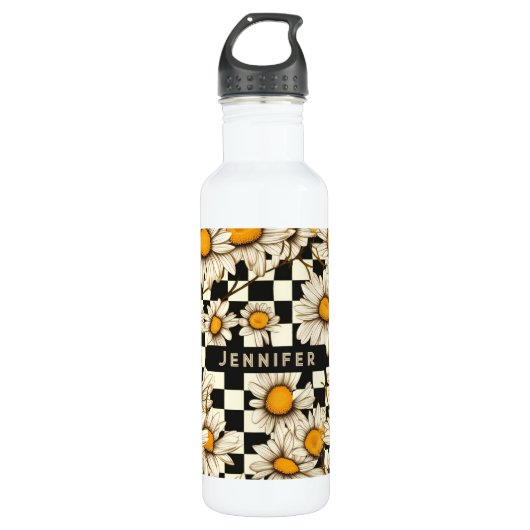 Retro Groovy Daisy Checkerboard Personalized Name Edelstahlflasche (Vorderseite)
