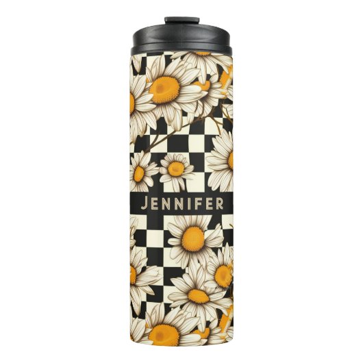 Retro Groovy Daisy Checkerboard Personalized Name Thermosbecher (Vorderseite)
