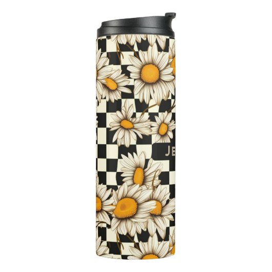 Retro Groovy Daisy Checkerboard Personalized Name Thermosbecher (Nach links gedreht)