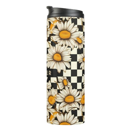 Retro Groovy Daisy Checkerboard Personalized Name Thermosbecher (Nach rechts gedreht)