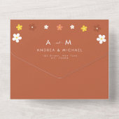 Retro Groovy Daisy Floral Seventies Terracotta All In One Einladung (Rückseite)