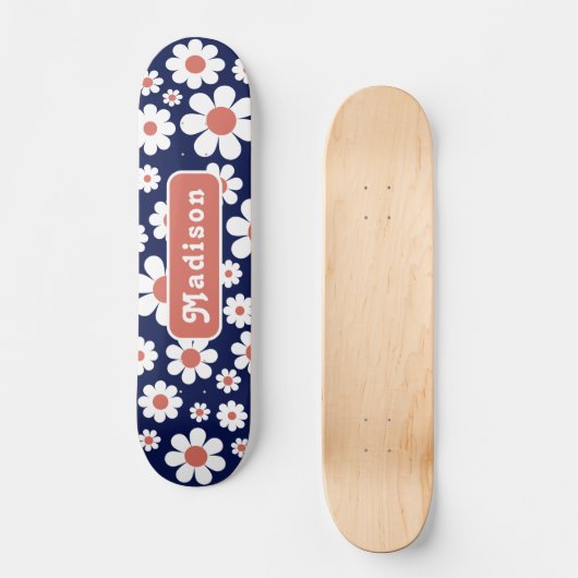 Retro Groovy Daisy Mustername Blau Skateboard (Vorderseite)