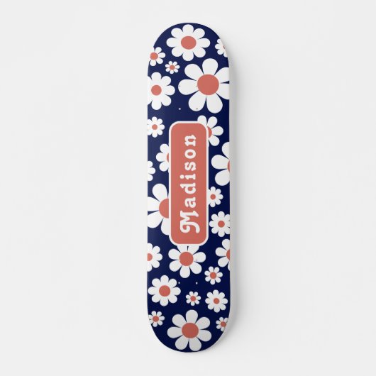 Retro Groovy Daisy Mustername Blau Skateboard (Vorne)