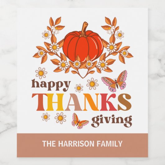 Retro Groovy Daisy Pumpkin Hippie Erntedank Weinetikett (Einzelnes Label)