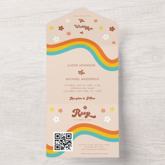 Retro Groovy Daisy Rainbow QR Code Hippie Wedding All In One Einladung (Innen Boden)