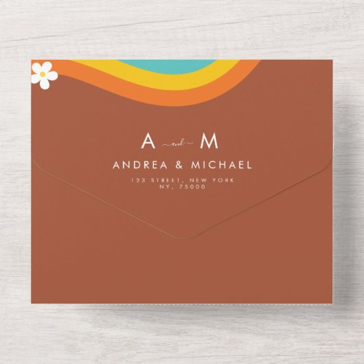 Retro Groovy Daisy Rainbow QR Code Hippie Wedding All In One Einladung (Rückseite)