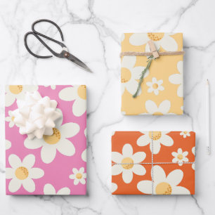 Retro Groovy Daisy Wrapping Paper Sheets - Pink Bo Geschenkpapier Set