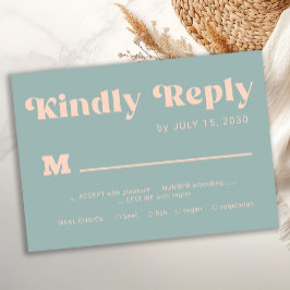 Retro groovy dusty blue bold typography wedding RSVP karte