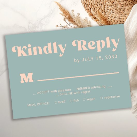 Retro groovy dusty blue bold typography wedding RSVP karte