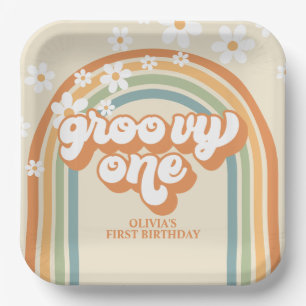 Retro Groovy Ein Regenbogen Braun Orange Geburtsta Pappteller