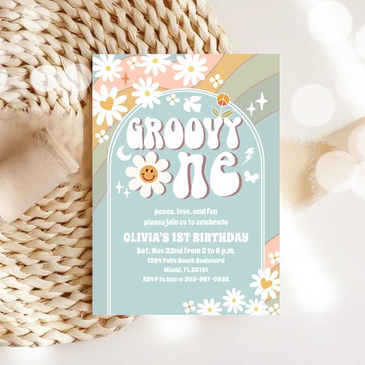 Retro Groovy Einladung zum ersten Geburtstag