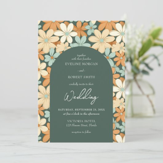 Retro Groovy Elfenbein, blassgelbe Blume Einladung (Stehend Vorderseite)