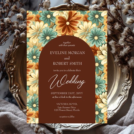 Retro Groovy farbenfrohe Blume Bogen Hochzeit Einladung