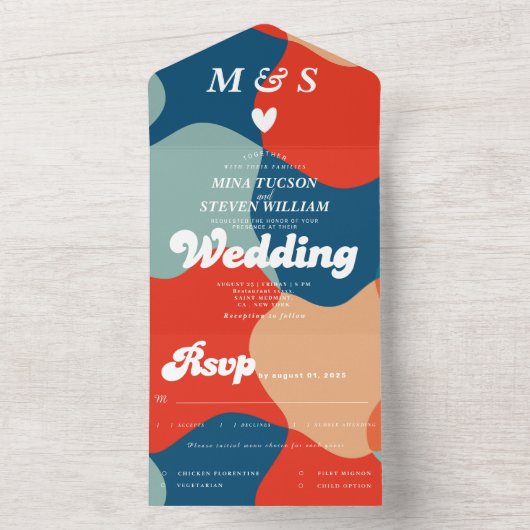 Retro Groovy farbenfrohe Hochzeit All In One Einladung (Innen Boden)