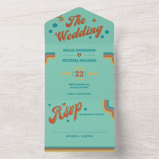 Retro Groovy farbenfrohe Hochzeit All In One Einladung (Innen Boden)
