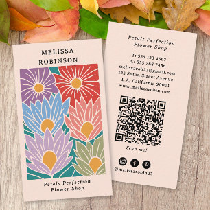 Retro Groovy Farbige Blumen QR-Code Florist Visitenkarte
