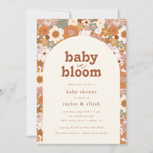 Retro Groovy Floral Arch Baby in Bloom | Neutral Einladung (Vorderseite)