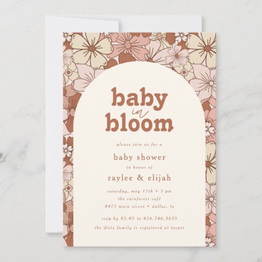Retro Groovy Floral Arch Baby in Bloom | Neutral Einladung (Vorderseite)
