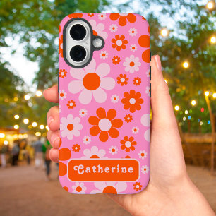 Retro Groovy Floral Orange Pink Personalisiert iPhone 16 Hülle