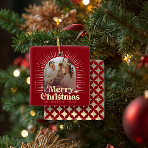 Retro Groovy Frohe Weihnachtsfamilie Foto Keramikornament