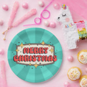 Retro Groovy fröhlicher Weihnachtstext Pappteller (Party)