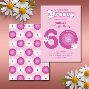 Retro Groovy Gänseblümchen Fette Rosa 60. Geburtst Einladung