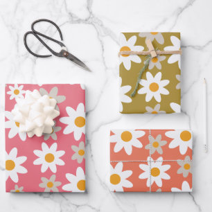 Retro Groovy Gänseblümchen-Muster Orange Pink Grün Geschenkpapier Set